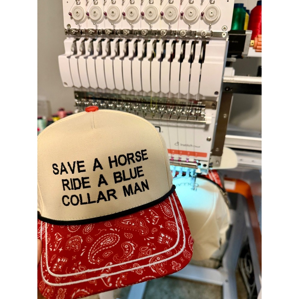 Save A Horse Ride A Blue Collar Man Trucker Hat Red Paisley Bandana Snapback Cap